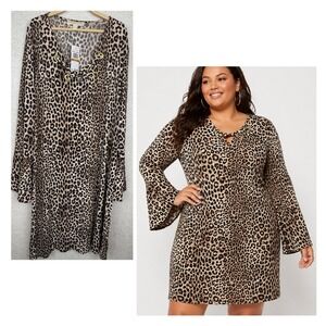 NWT Michael Kors Leopard Print Dress 3X Lace Up Neck Long Sleeve Animal Print